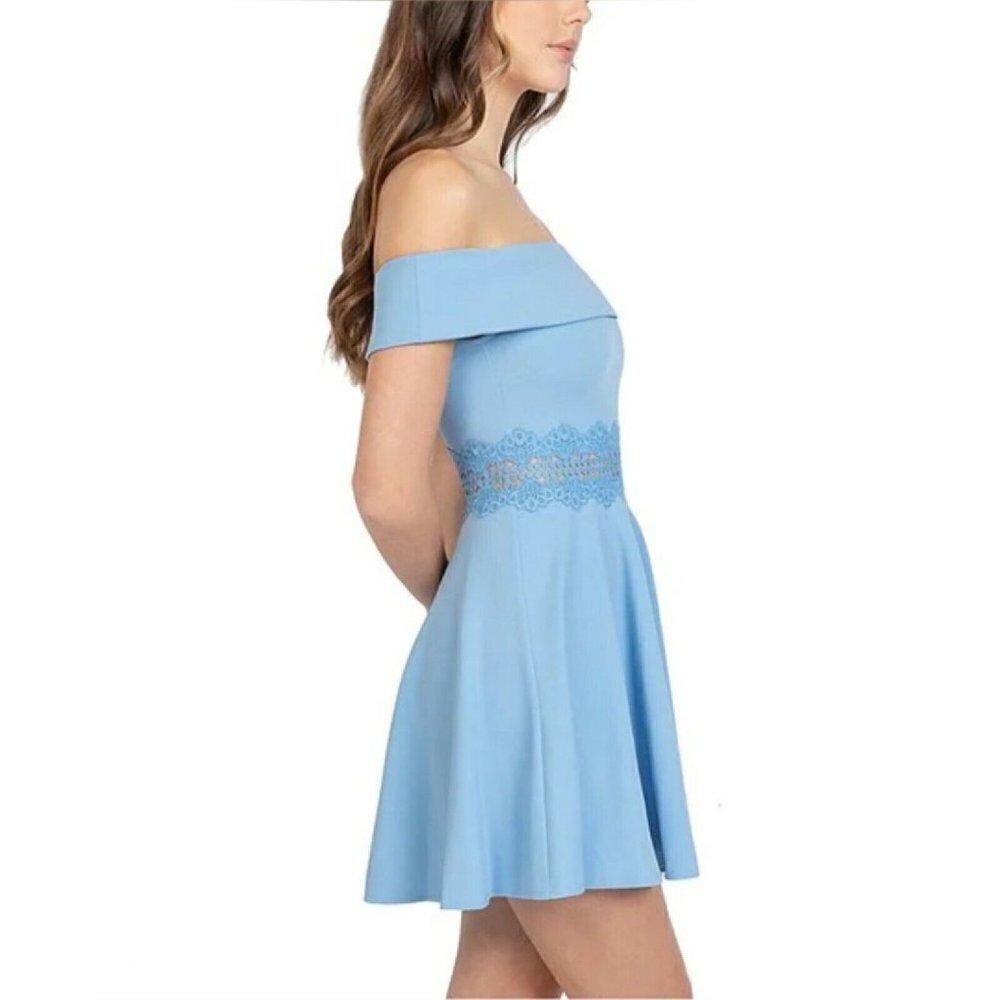 B. Darlin Sz 3/4 Fit Flare Dress Baby Blue Off Shoulder Crochet Special Occasion - Picture 2 of 12